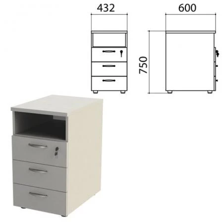 Фото Тумба приставная "Этюд", 432х600х750 мм, 3 ящика, замок, полка, серый