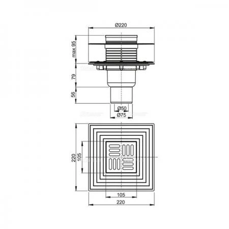 Фото Сливной трап AlcaPlast APV4344 105x105/50/75 гидрозатвор мокрый/сухой