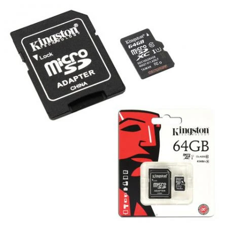 Фото Карта памяти micro SDHC, 64 GB, KINGSTON, скорость передачи данных 45 Мб/сек. (class 10), с адаптером