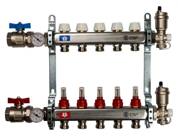 Фото Коллектор Stout из нержавеющей стали в сборе с расходомерами 5 выходов