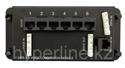 Фото Hyperline HC-DP-1xRJ45/C5E-6xRJ45/C2-BK Модуль комбинированный 7-портовый (1 порт передачи данных + 6 портов для телефонии)