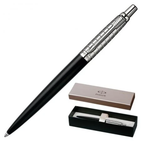 Фото Ручка шариковая PARKER "Jotter Premium Satin Black Stainless Steel CT", нержавеющая сталь, хромированные детали, синяя