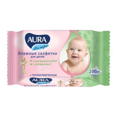 Фото Салфетки влажные, 100 шт., для детей, AURA "Ultra comfort", универсальные, очищающие, гипоаллергенные, без спирта