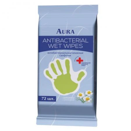 Фото Салфетки влажные, 72 шт., AURA "Antibacterial", антибактериальные, "Стикер рука"