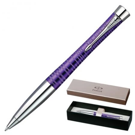 Фото Ручка шариковая PARKER "Urban Premium Vacumatic Amethyst Pearl", корпус аллюминиевый, хромированные детали, синяя