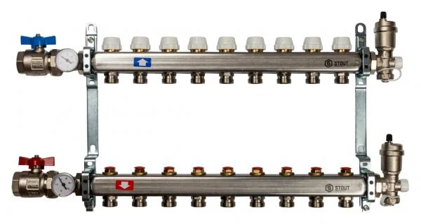 Фото Коллектор Stout из нержавеющей стали в сборе с запорными кранами 9 выходов