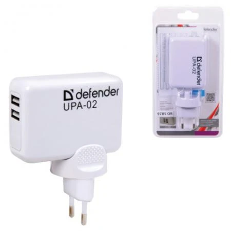 Фото Зарядное устройство сетевое (220 В) DEFENDER UPA-02, 2 порта USB, выходной ток 1 А / 2 А, белое, блистер