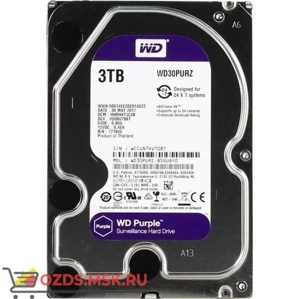 Фото Western Digital WD30PURZ Purple для видеорегистраторов 3Tb 64Mb SATA-III: Жесткий диск