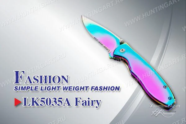 Фото Нож Tekut Fairy серии Fashion, лезвие 74 мм чёрное, рукоять - нерж сталь, крепление на ремень