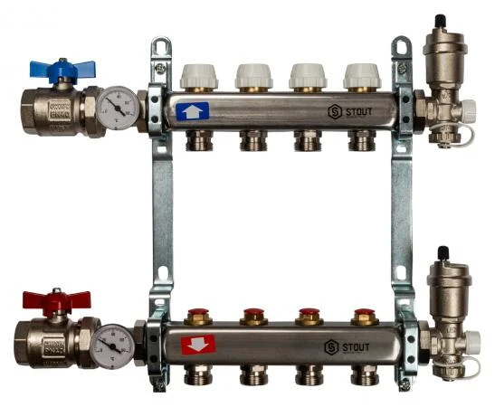 Фото Коллектор Stout из нержавеющей стали в сборе с запорными кранами 4 выхода