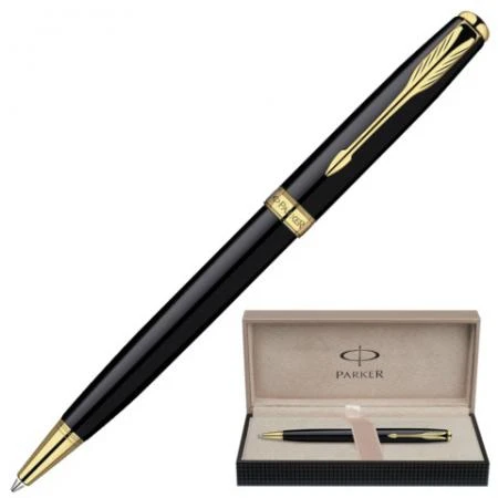 Фото Ручка шариковая PARKER "Sonnet Black Lacquer GT", корпус черный, латунь, лак, позолоченные детали, черная