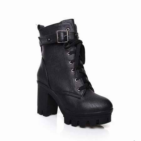 Фото Show Shine Women's Pu Leather Ornamented Buckle Chunky Heel Platform Riding Boots