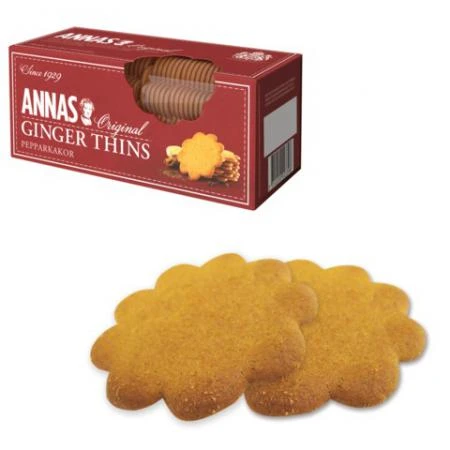 Фото Печенье ANNAS "Ginger Thins" (Швеция), тонкое имбирное печенье, 150 г, картонная упаковка