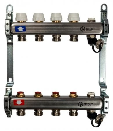 Фото Коллектор Stout из нержавеющей стали с запорными кранами с клапаном вып. воздуха и сливом 4 выхода