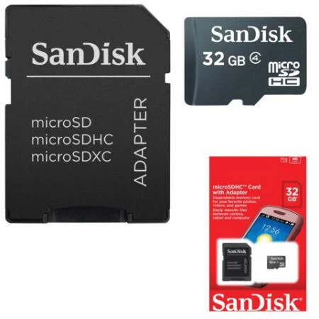 Фото Карта памяти micro SDHC, 32 GB, SANDISK, скорость передачи данных 4 Мб/сек. (class 4), с адаптером