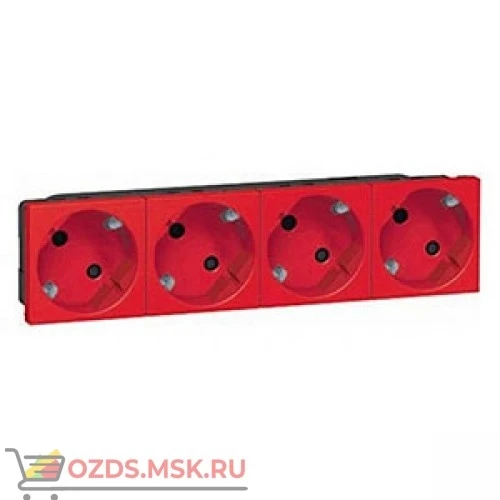 Фото LEGRAND 077424 Модуль розетки 4х2К+З, 8М, [Schuko] проходной (в короб), с мех.блок., красный, Mosaic