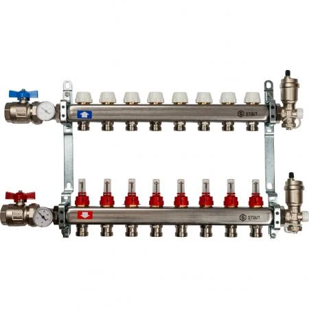 Фото STOUT Коллектор из нержавеющей стали в сборе с расходомерами 8 вых.