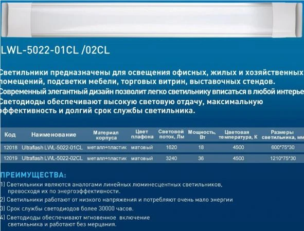 Фото Светильник светодиодный Ultraflash LWL-5022-02CL 18Вт, 220В, 1620 Люмен, 4500К, размеры 600*75*30мм