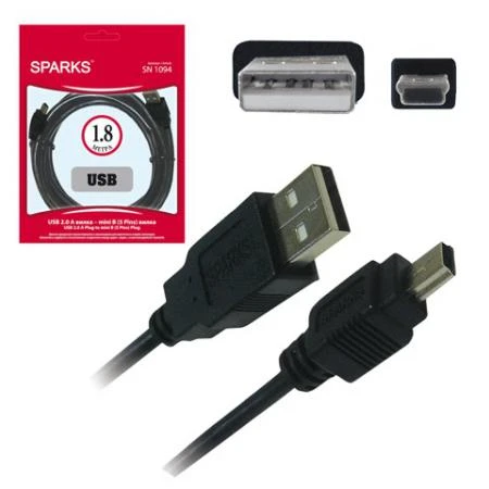 Фото Кабель USB - mini USB (5P) SPARKS, 1,8 м, для подключения портативных устройств