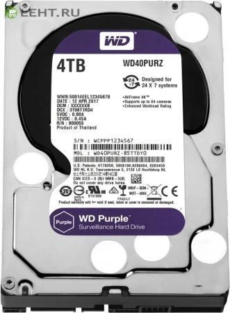 Фото HDD 4000 GB (4 TB) SATA-III Purple (WD40PURZ): Жесткий диск (HDD) для видеонаблюдения