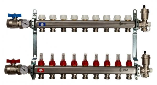 Фото Коллектор Stout из нержавеющей стали в сборе с расходомерами 9 выходов