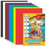 фото Цветной картон, А4, 8 листов, 8 цветов, BRAUBERG (БРАУБЕРГ) "Kids series", "Кот-рыболов", 200х290 мм