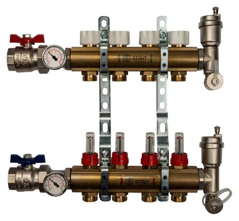 Фото Коллектор Stout из латуни с расходомерами 4 выхода
