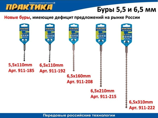 Фото Бур SDS-plus ПРАКТИКА  6,5 х  50/110 мм серия "Профи" по бетону (Арт. 911-192)