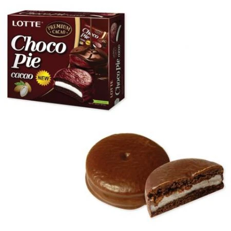 Фото Печенье LOTTE "Choco Pie Cacao" ("Чоко Пай Какао"), глазированное, картонная упаковка, 336 г, 12 шт. х 28 г